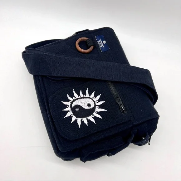 Lukla Messenger Bag Black with Yin Yang Embroidery - Picture 3 of 10